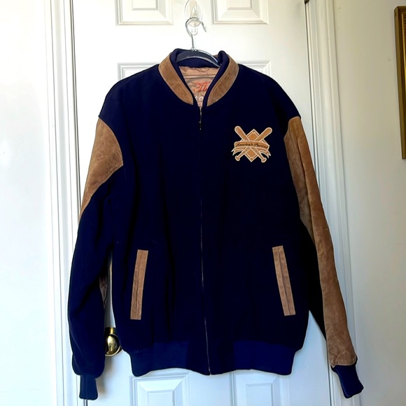 NWOT! Unisex Wool and Suede Baseball Jacket. No size but measurements in photos - Picture 1 of 13